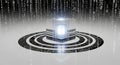 Abstract image of glowing cube on concentric circles with binary code rain, concept of data processing Royalty Free Stock Photo