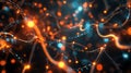 Abstract image of glowing orange and blue light particles on dark background, resembling neural network Royalty Free Stock Photo