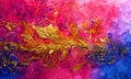 An abstract image of a gold splash chaos on a colourful background