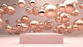 Abstract image of golden balls and spheres flying over pink square stage, podium or pedestal in pink studio. 3D render