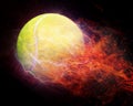An abstract image of a green tennis ball shot at high speed with magical power of fire as a background and a beautiful design. Royalty Free Stock Photo