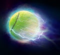 An abstract image of a green tennis ball shot at high speed with magical power of fire as a background and a beautiful design. Royalty Free Stock Photo