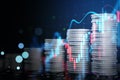 Abstract image of growing coin stacks and candlestick forex chart on blurry texture. Trade, money and financial growth concept. Royalty Free Stock Photo