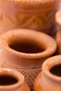 Hand made earthen pots with design and pattern on them Royalty Free Stock Photo