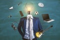 Abstract image of headless businessman with idea head, laptop, guitar and other items flying around on chalkboard wall background