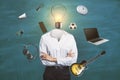 Abstract image of headless businesswoman with idea head, laptop, guitar and other items flying around on chalkboard wall