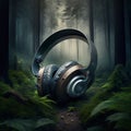 Abstract image of headphones on the background of nature Royalty Free Stock Photo