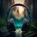 Abstract image of headphones on the background of nature Royalty Free Stock Photo