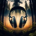 Abstract image of headphones on the background of nature Royalty Free Stock Photo