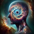 An abstract image of a human face with a swirling galaxy inside the head. Royalty Free Stock Photo