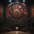 abstract image of an imposing red and black gothic clockwork-like wall in a large hall with people standing on steps