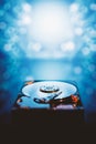 The abstract image of inside of hard disk drive. The concept of data, hardware, and information technology Royalty Free Stock Photo