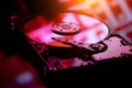 The abstract image of inside of hard disk drive. The concept of data, hardware, and information technology Royalty Free Stock Photo