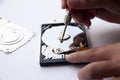 The abstract image of inside of hard disk drive with technician fixing using screw driver on white background. Concept Royalty Free Stock Photo