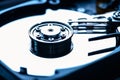 The abstract image of inside of hard disk drive on the technician`s desk. the concept of data, hardware, and information technolog Royalty Free Stock Photo