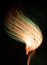 Abstract image made from a yellow orange and green burst of aerial fireworks and camera motion