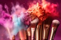 Abstract image of make up brush kit with smashed lipstick. Close up. AI generative Royalty Free Stock Photo