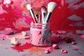 Abstract image of make up brush kit with smashed lipstick. Close up. AI generative Royalty Free Stock Photo