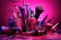 Abstract image of make up brush kit with smashed lipstick. Close up. AI generative Royalty Free Stock Photo