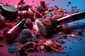 Abstract image of make up brush kit with smashed lipstick. Close up. AI generative Royalty Free Stock Photo