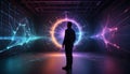 Abstract image of a man standing in a room, facing a glowing, multicolored portal, resembling a digital gateway or a