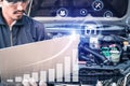 The abstract image of mechanic point to the hologram on his computer and blurred car engine room is backdrop. the concept of Royalty Free Stock Photo