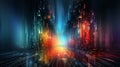 Abstract image of metropolis street, glitch effect, rainbow colors, infinity concept