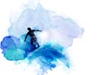 Abstract image of movement, speed and wave. Black silhouette of surfer on the blue watercolor blots background. Royalty Free Stock Photo