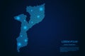 Abstract image Mozambique map from point blue and glowing stars on a dark background