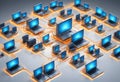 Abstract image of a network of computers connected by wires. The image is rendered in a 3D style.