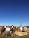 Power lines installation, new line being constructed Royalty Free Stock Photo