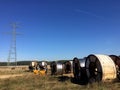 Power lines installation, new line being constructed Royalty Free Stock Photo