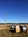 Power lines installation, new line being constructed Royalty Free Stock Photo