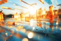 an abstract image of orange cubes floating in water with the sun in the background