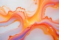 Abstract image of orange liquid swirling and splashing against a white background. The liquid creates a dynamic and