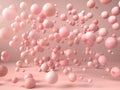 Abstract image of pink balls and spheres falling and flying over pink paper background. 3d render. Use image in