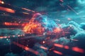 An abstract image showcasing the concept of cloud computing with digital elements representing data processing and AI Royalty Free Stock Photo