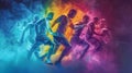 Abstract image showing silhouettes of athletes in various sports in motion, over a vibrant multicolored smoke background