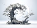 An abstract image of silhouette of bonsai tree curved along the edge of the moon. Generative AI Royalty Free Stock Photo