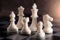 The abstract image of the Staunton chess set such as king, bishop, queen, knight, rook, pawn placed on chess board.