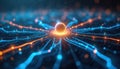 Abstract image. Tech design featuring glowing sphere at center. Lines and dots radiate outward. Represents digital, data, Royalty Free Stock Photo