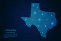 Abstract image Texas map from point blue and glowing stars on a dark background