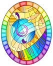 Stained glass illustration with a treble clef on yellow background in stained glass style ,oval picture in a bright rainbow frame