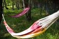 Two colorful hammocks in garden