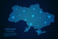 Abstract image Ukraine map from point blue and glowing stars on a dark background.