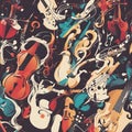 Various stringed instruments in different colors and styles represents the diversity and harmony of music