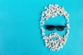 Abstract image of viewer, 3D glasses, popcorn. Cinema time on blue paper background. Concept cinema movie and entertainment Flat Royalty Free Stock Photo