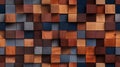 An abstract image of a wooden mosaic wall consisting of an array of colored cubes. Seamless backdrop. Generative AI