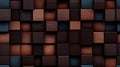 An abstract image of a wooden mosaic wall consisting of an array of colored cubes. Seamless backdrop. Generative AI