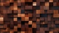 An abstract image of a wooden mosaic wall consisting of an array of colored cubes. Seamless backdrop. Generative AI